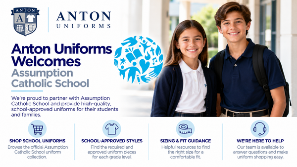 Anton Uniforms welcomes Assumption Catholic School, featuring the school's blue emblem and uniform shopping resources