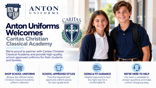 Anton Uniforms welcomes Caritas Christian Classical Academy, with school crest and uniform shopping guidance