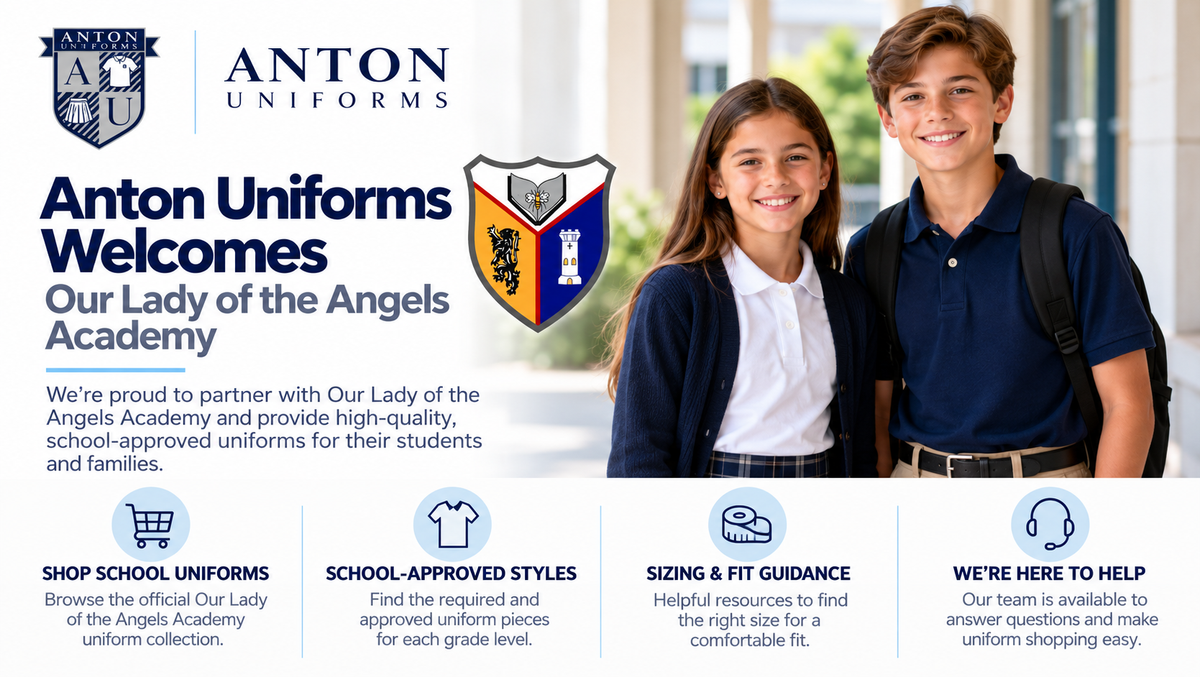 Anton Uniforms welcomes Our Lady of the Angels Academy, with the school's shield and student uniform shopping resources