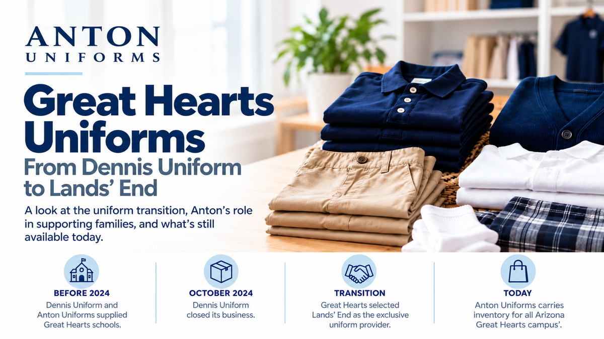 Anton Uniforms carries inventory for all Arizona Great Hearts campuses; Great Hearts uniform history from Dennis Uniform to Lands' End