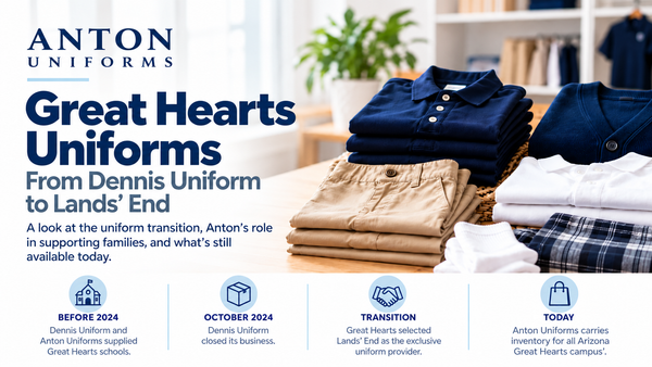 Anton Uniforms carries inventory for all Arizona Great Hearts campuses; Great Hearts uniform history from Dennis Uniform to Lands' End