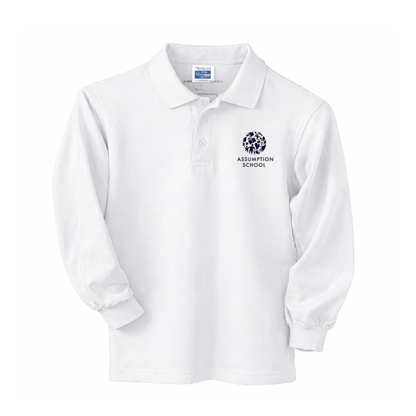 Assumption White Unisex Classic Pique Long Sleeve Polo