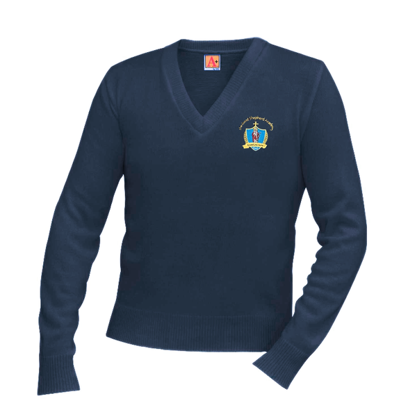 Good Shepherd Navy Unisex V Neck Pullover Sweater